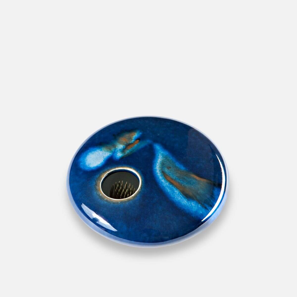 Small Round Ikebana Flower Vase with Pin Frog in Blue Wave