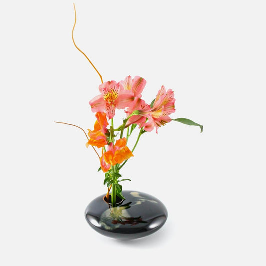 Small Round Ikebana Flower Vase with Pin Frog in Black Wave