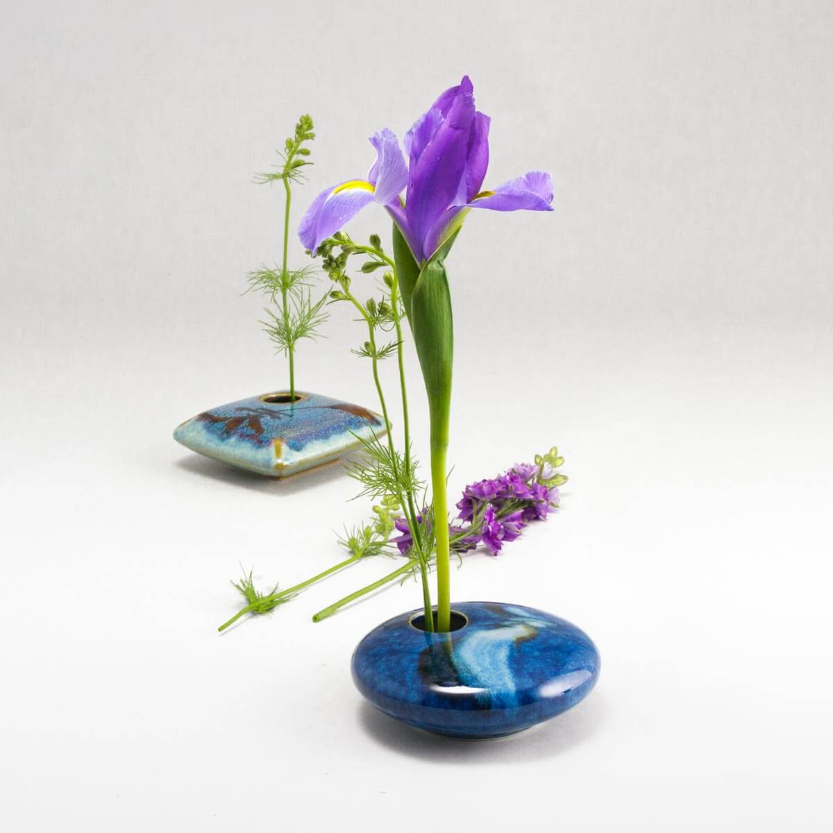 Small Round Ikebana Flower Vase with Pin Frog in Blue Wave