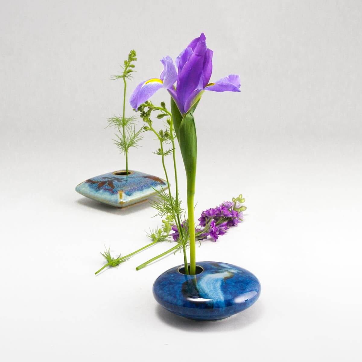 Square Ikebana Flower Vase with Pin Frog in dark Purple Zen