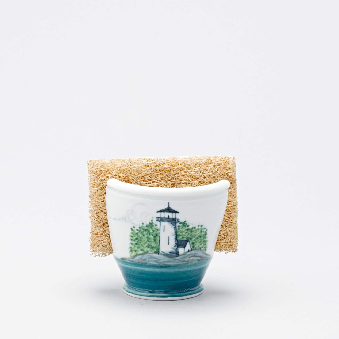 Handmade spongeholder in Lighthouse pattern made by Georgetown Pottery in Maine