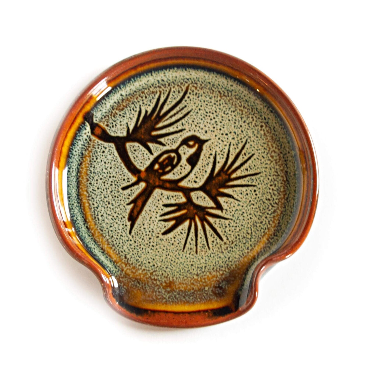 Handmade ceramic Spoon Rest in Hamada Chickadee pattern made by Georgetown Pottery in Maine
