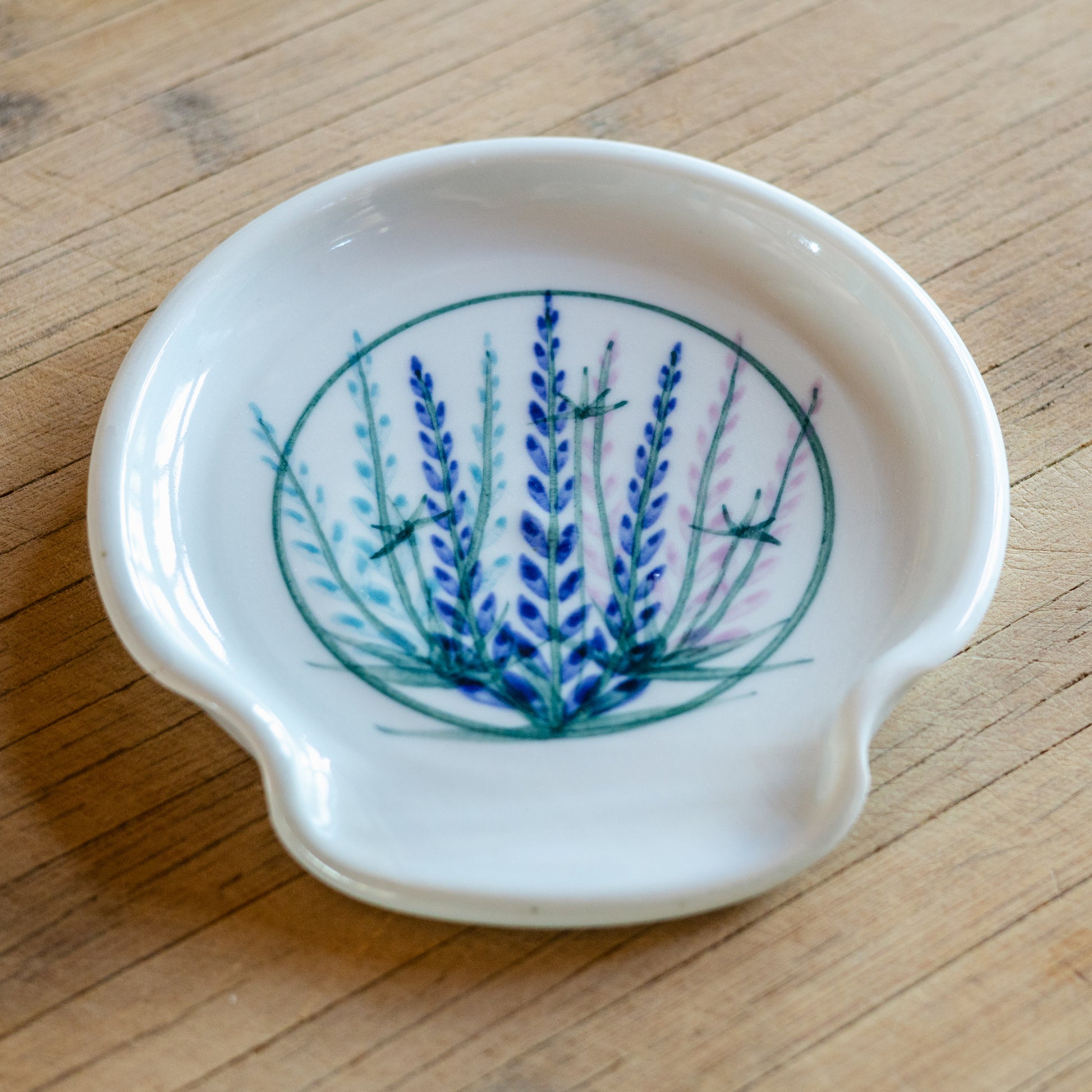 Handmade ceramic Spoon Rest in lupine pattern made by Georgetown Pottery in Maine