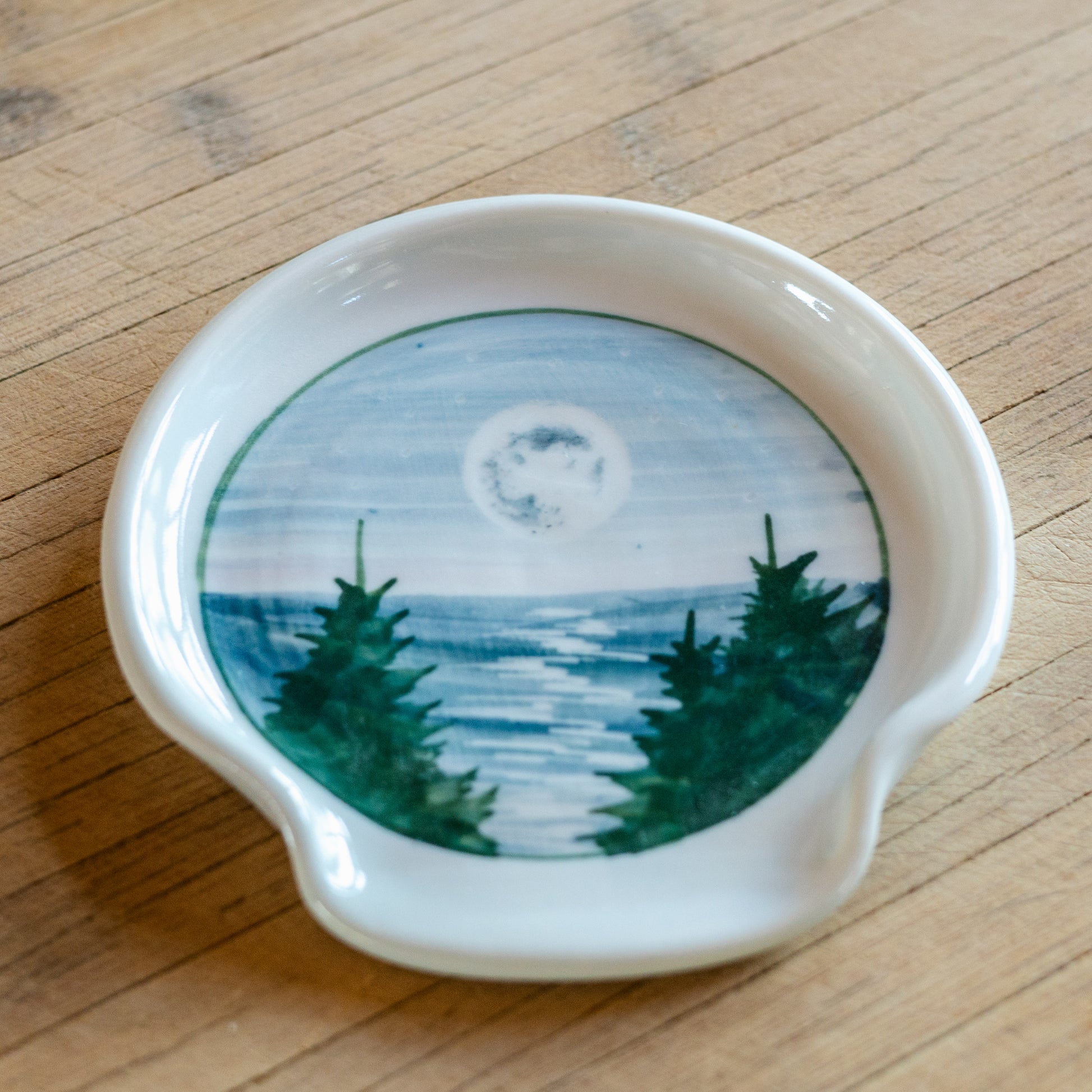 Handmade ceramic Spoon Rest in Moon pattern made by Georgetown Pottery in Maine