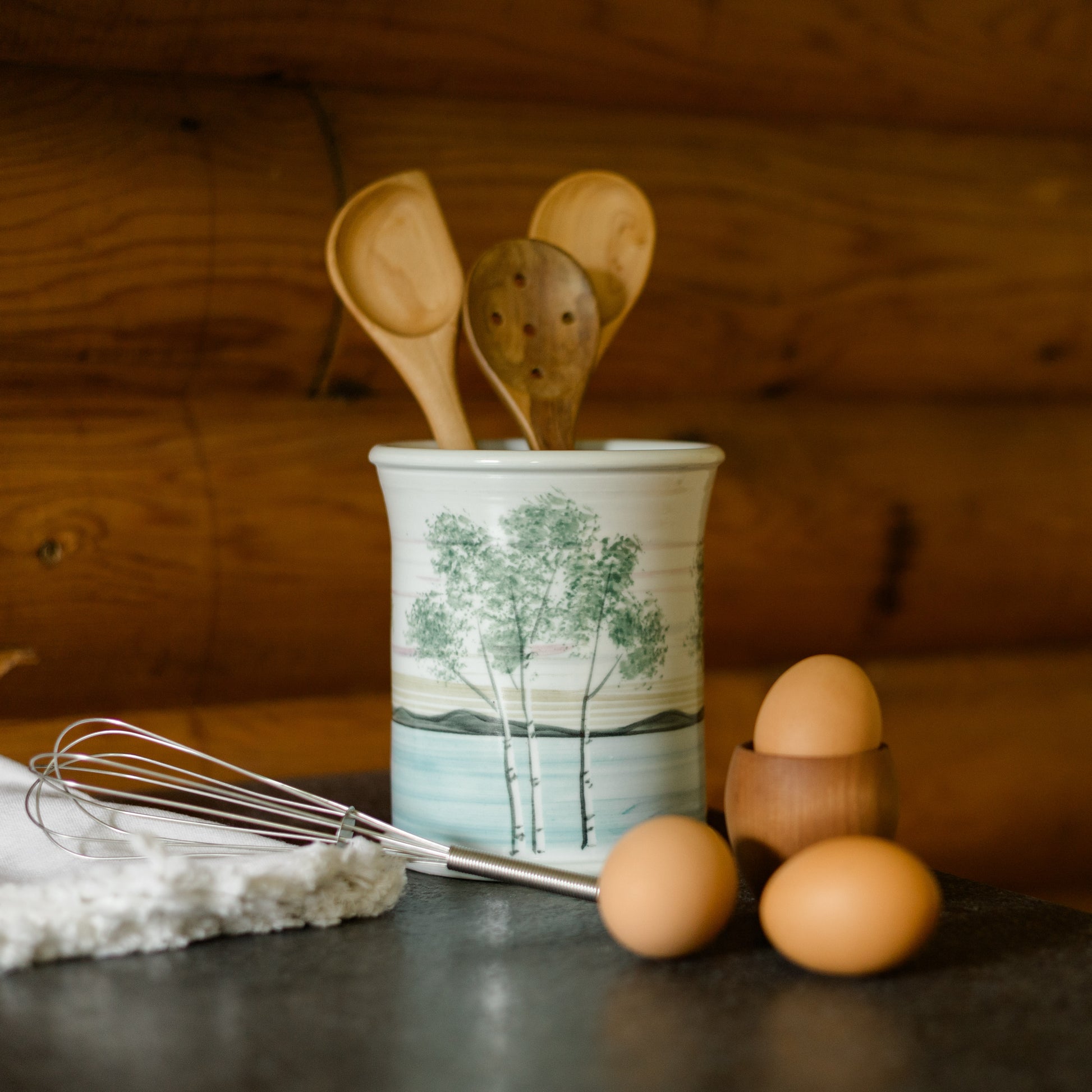 Handmade Pottery Utensil Holder in Birch Point pattern made by Georgetown Pottery in Maine