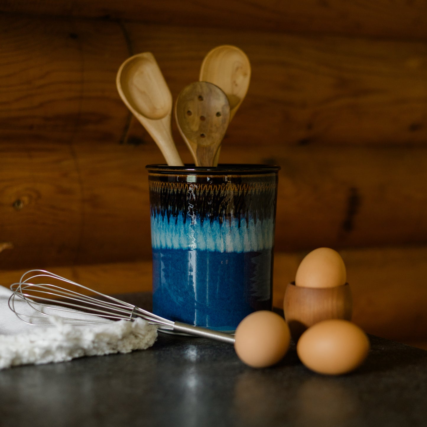 Handmade Pottery Utensil Holder in Blue Hamada pattern made by Georgetown Pottery in Maine