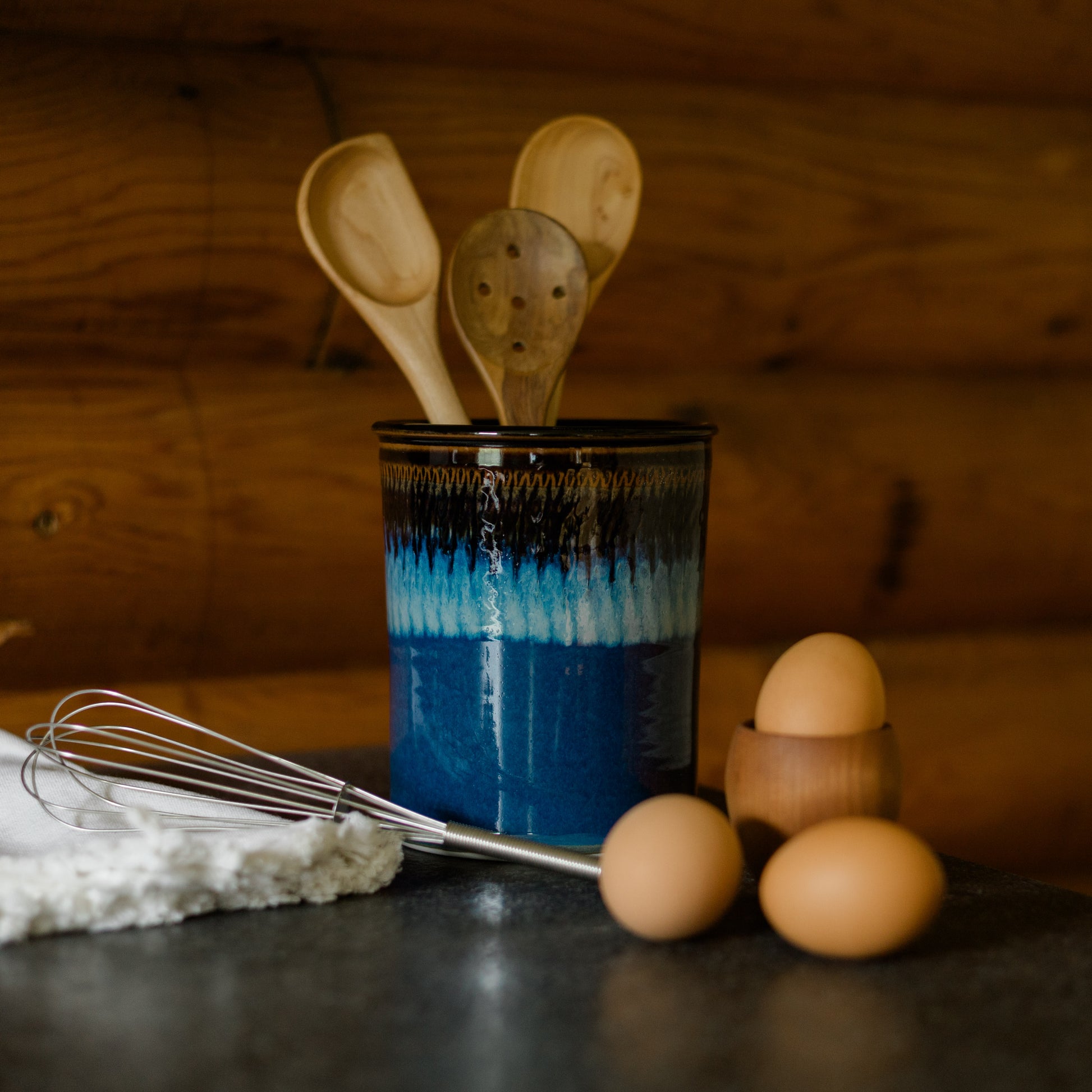 Handmade Pottery Utensil Holder in Blue Hamada pattern made by Georgetown Pottery in Maine
