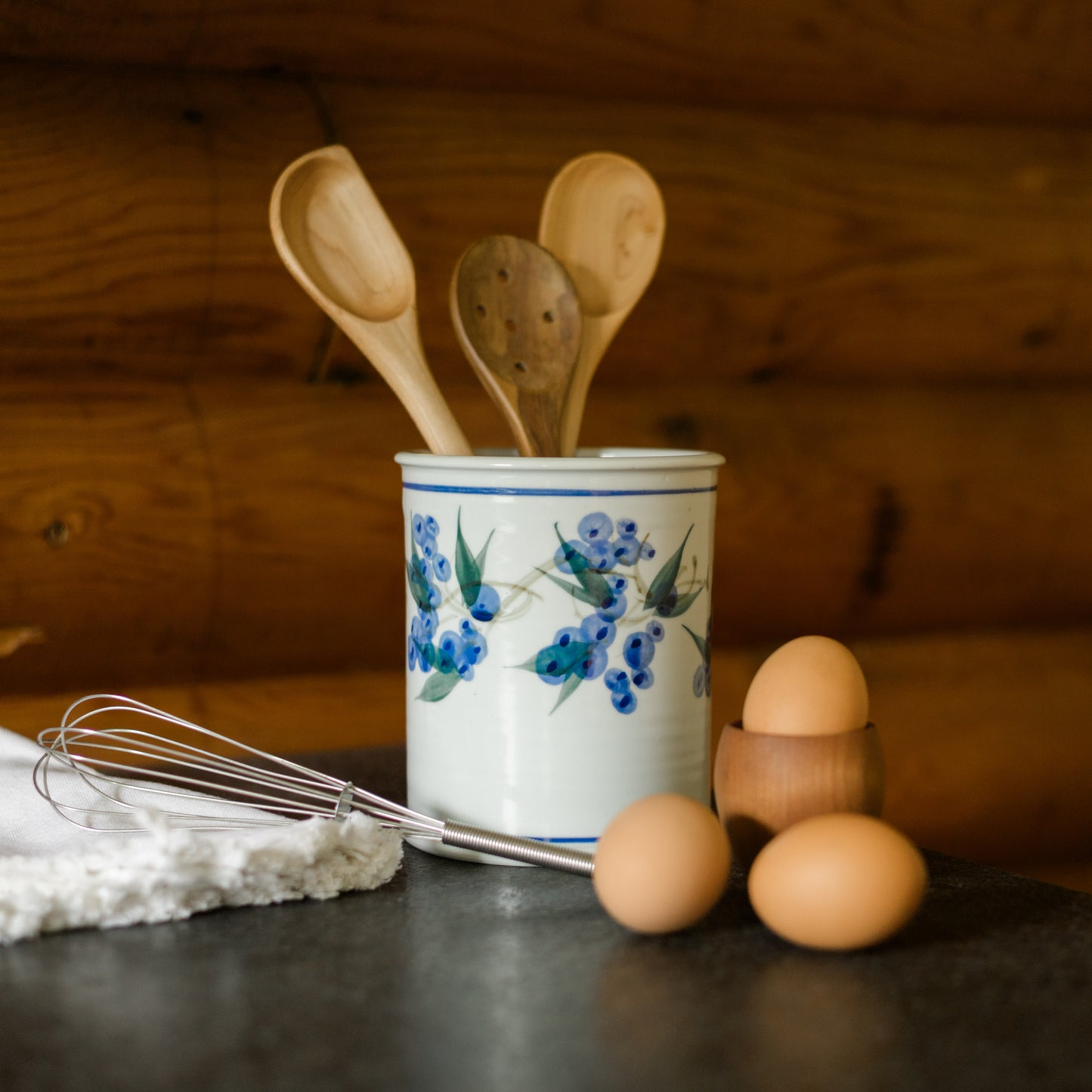 Handmade Pottery Utensil Holder in Blueberry pattern made by Georgetown Pottery in Maine