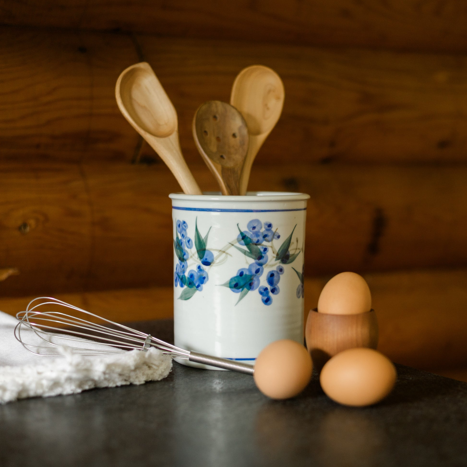 Handmade Pottery Utensil Holder in Blueberry pattern made by Georgetown Pottery in Maine