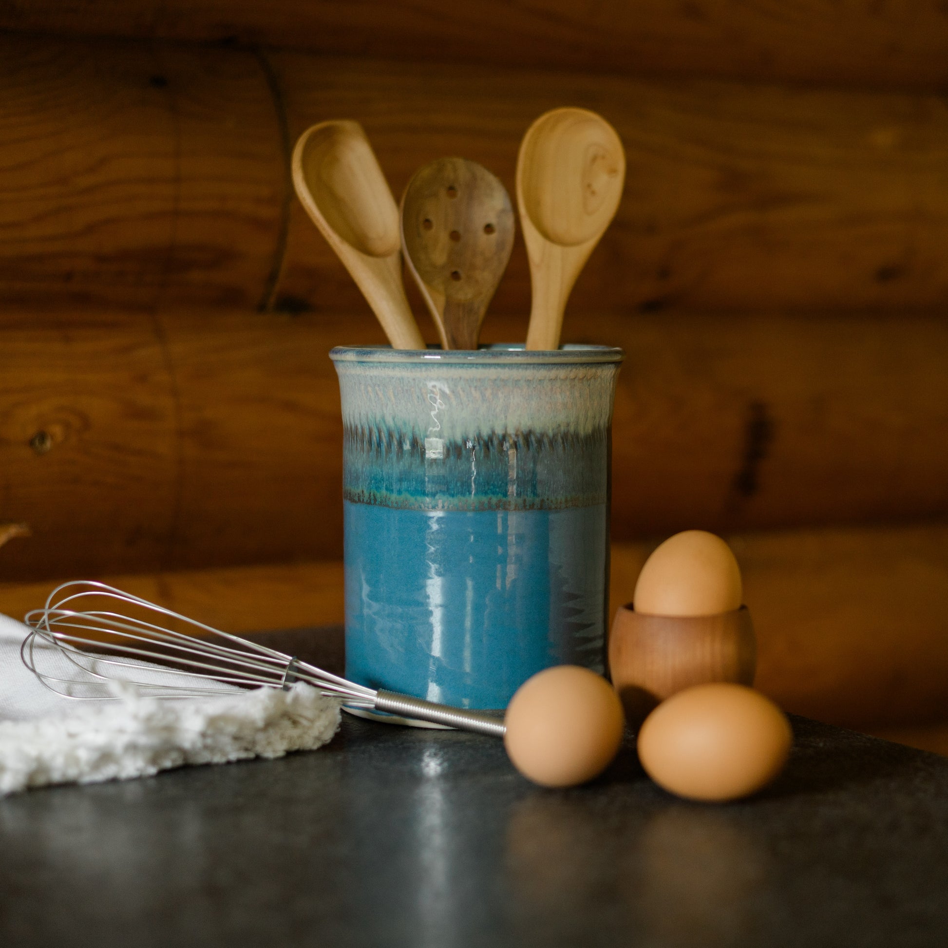Handmade Pottery Utensil Holder in Blue Oribe pattern made by Georgetown Pottery in Maine