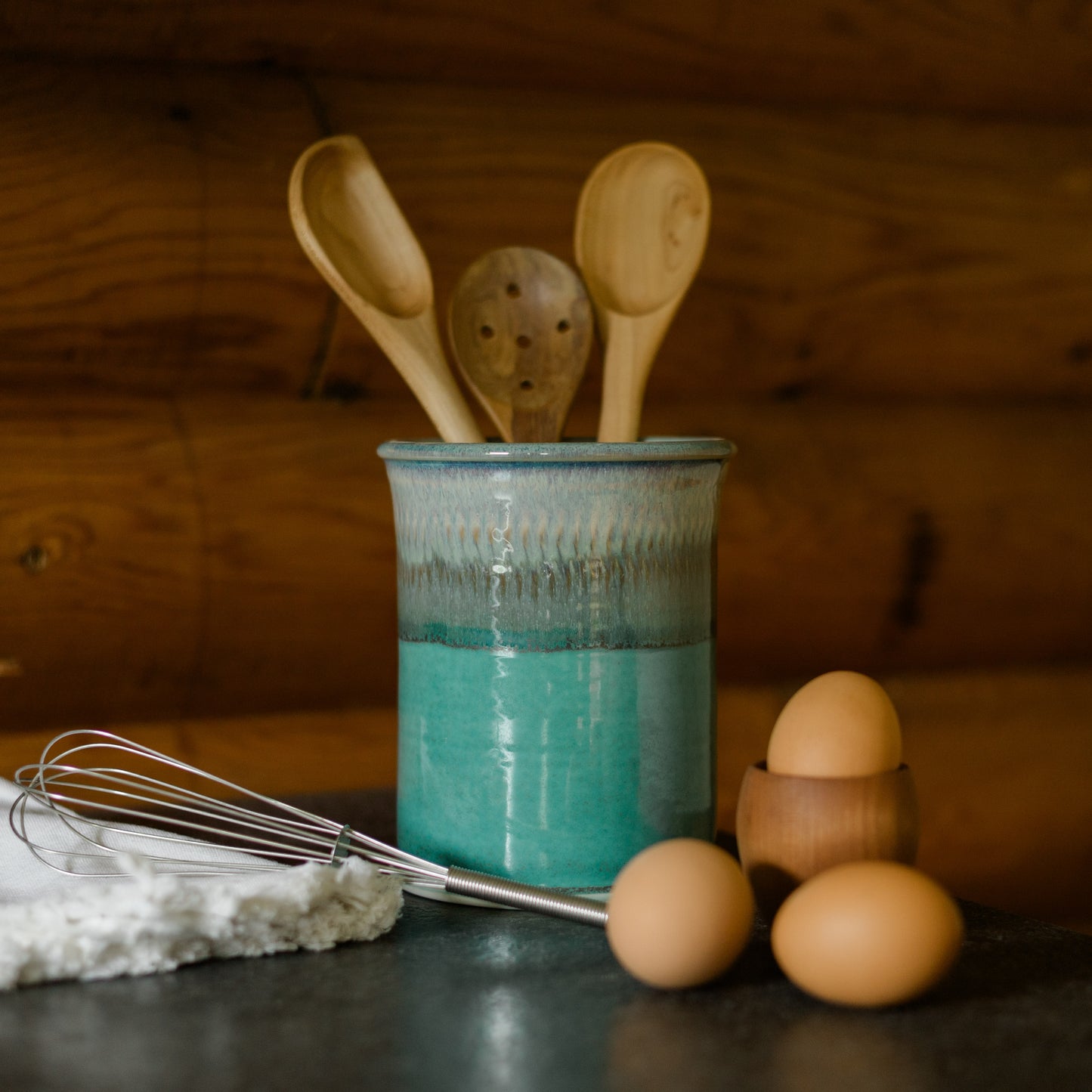 Handmade Pottery Utensil Holder in Green Oribe pattern made by Georgetown Pottery in Maine