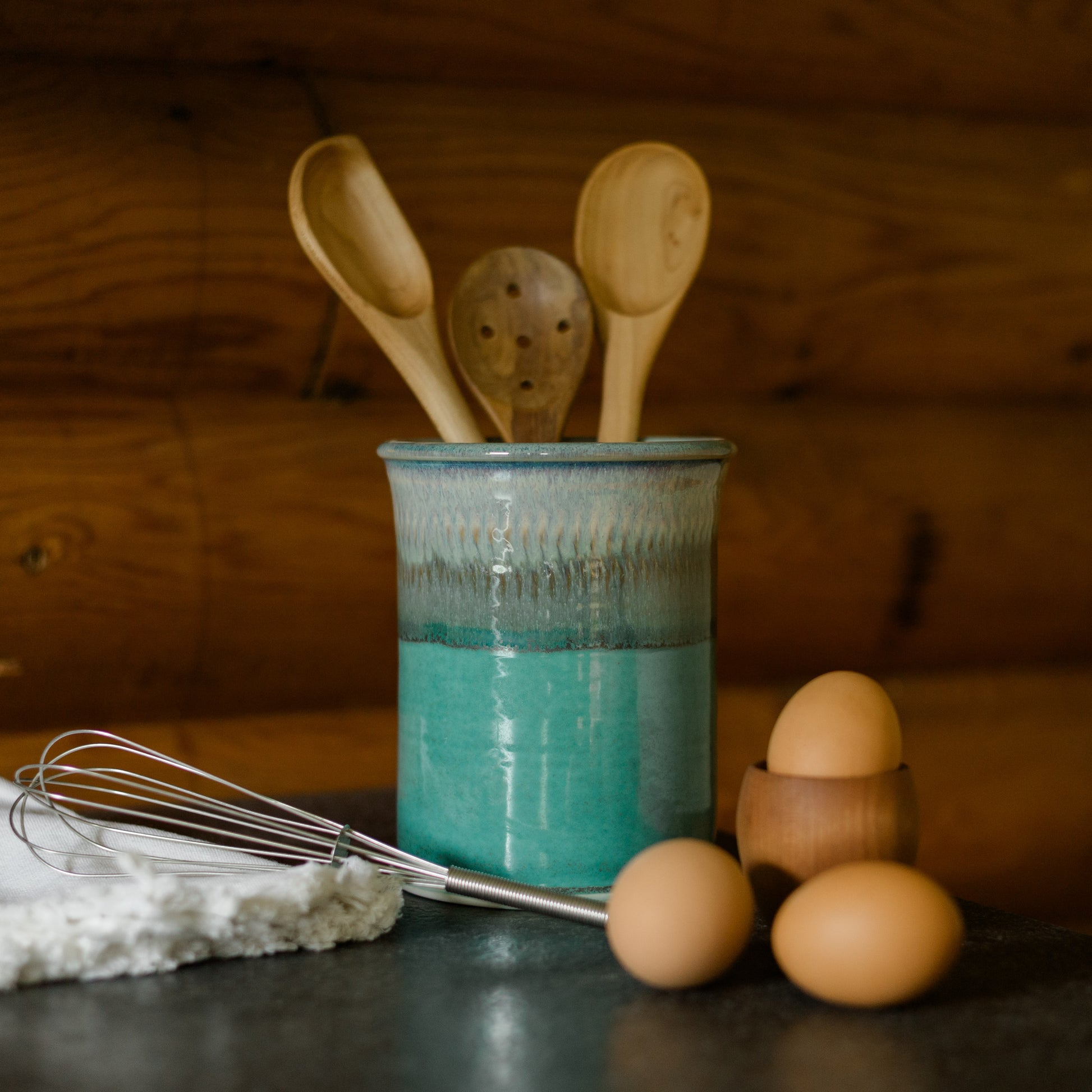 Handmade Pottery Utensil Holder in Green Oribe pattern made by Georgetown Pottery in Maine