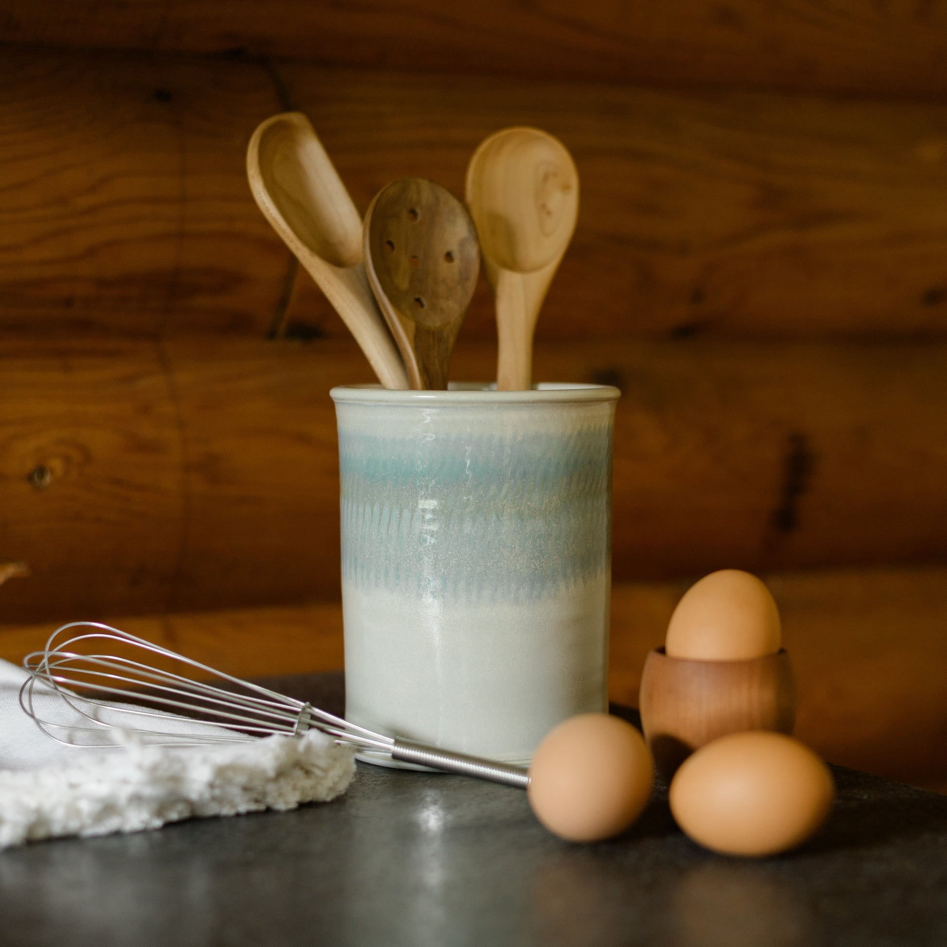 Handmade Pottery Utensil Holder in Ivory Blue pattern made by Georgetown Pottery in Maine