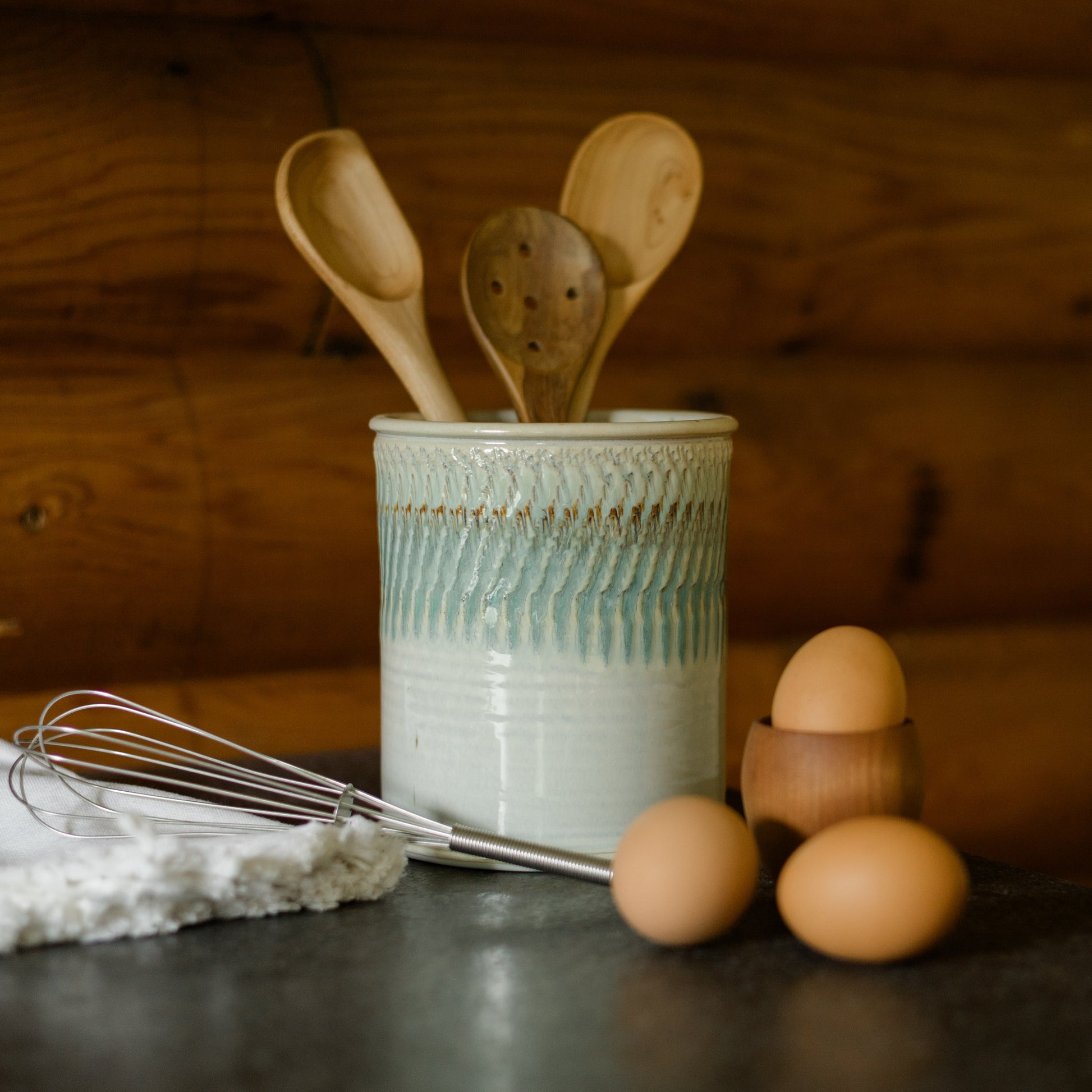 Handmade Pottery Utensil Holder in Ivory Green pattern made by Georgetown Pottery in Maine