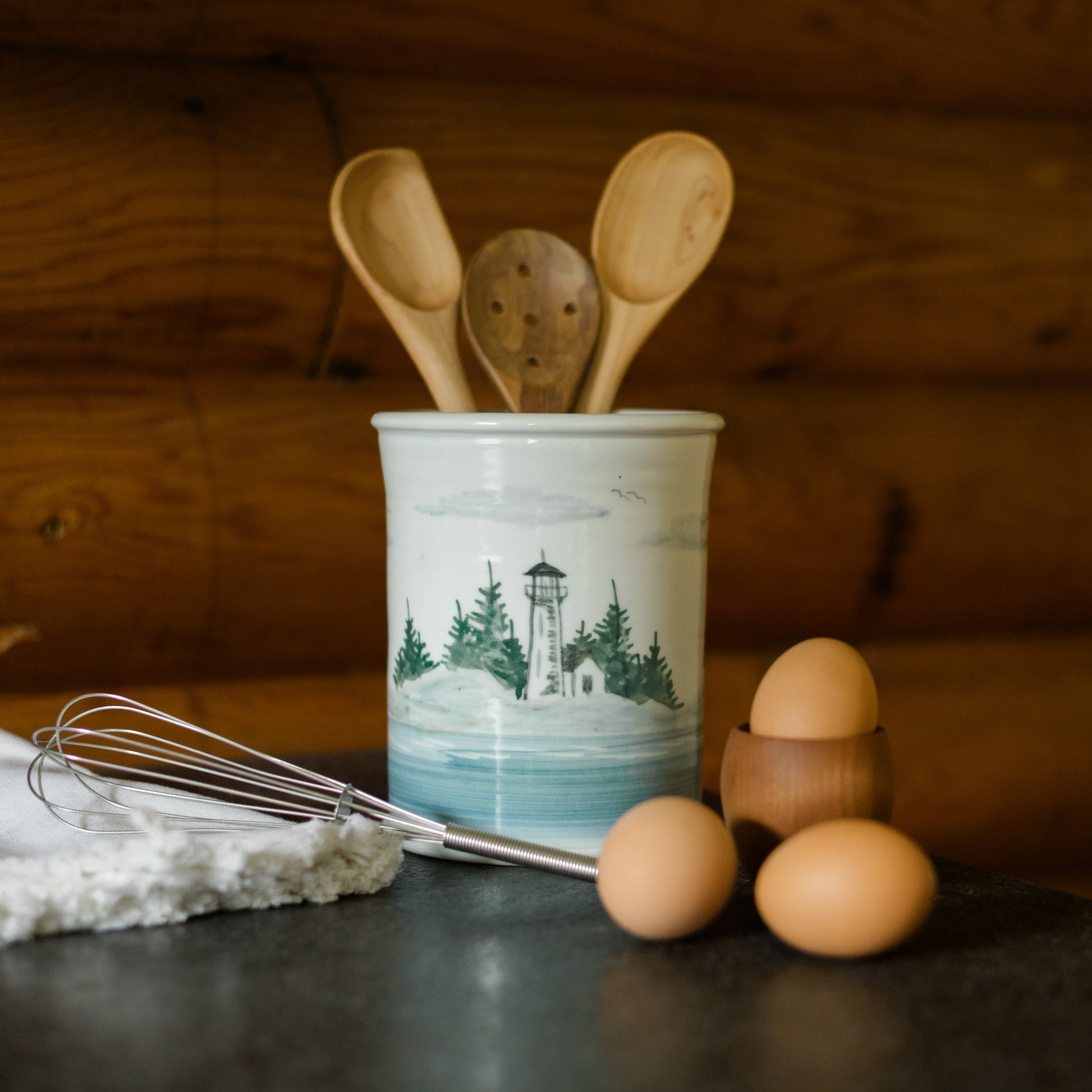 Handmade Pottery Utensil Holder in Lighthouse pattern made by Georgetown Pottery in Maine