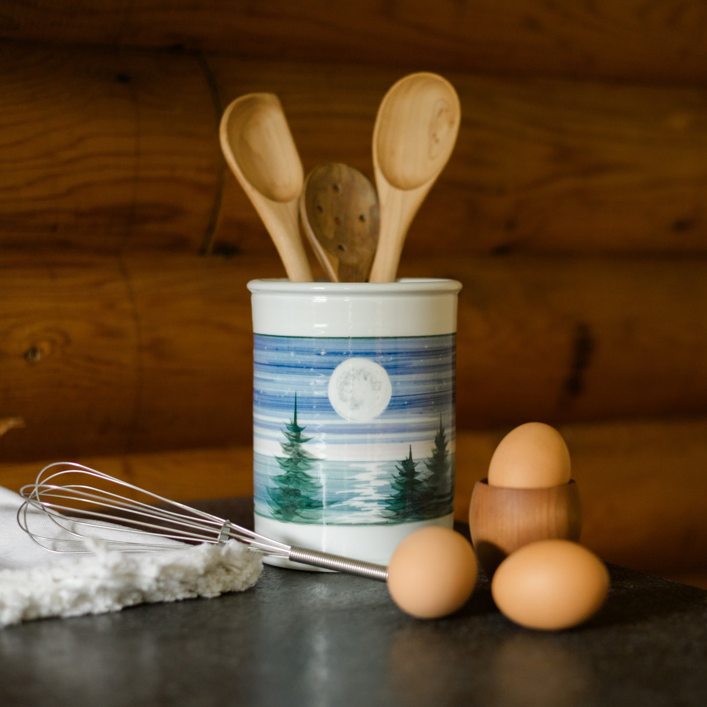 Handmade Pottery Utensil Holder in Moon pattern made by Georgetown Pottery in Maine