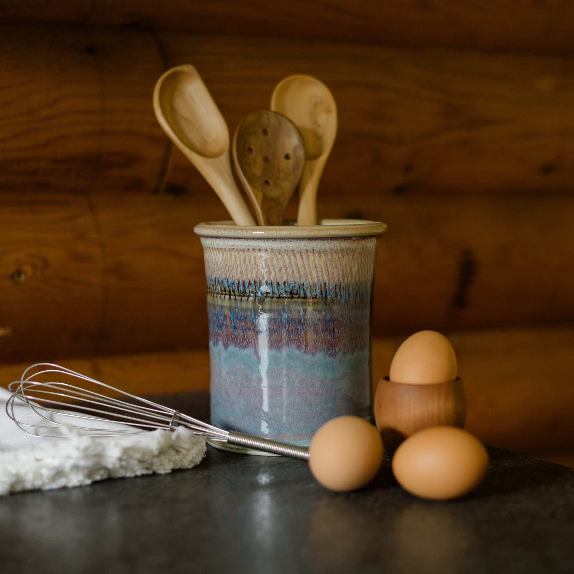 Handmade Pottery Utensil Holder in Purple Nuka  pattern made by Georgetown Pottery in Maine