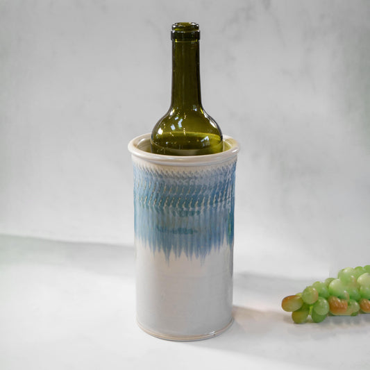 Handmade Pottery Wine Chiller in Ivory & Blue pattern made by Georgetown Pottery in Maine