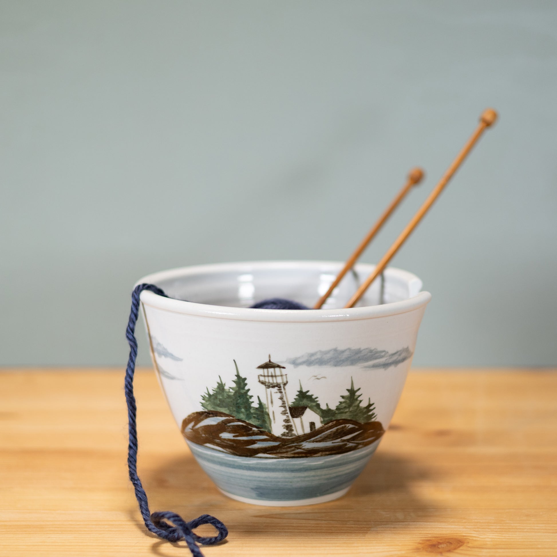 Handmade Pottery Yarn Bowl in Lighthouse pattern made by Georgetown Pottery in Maine