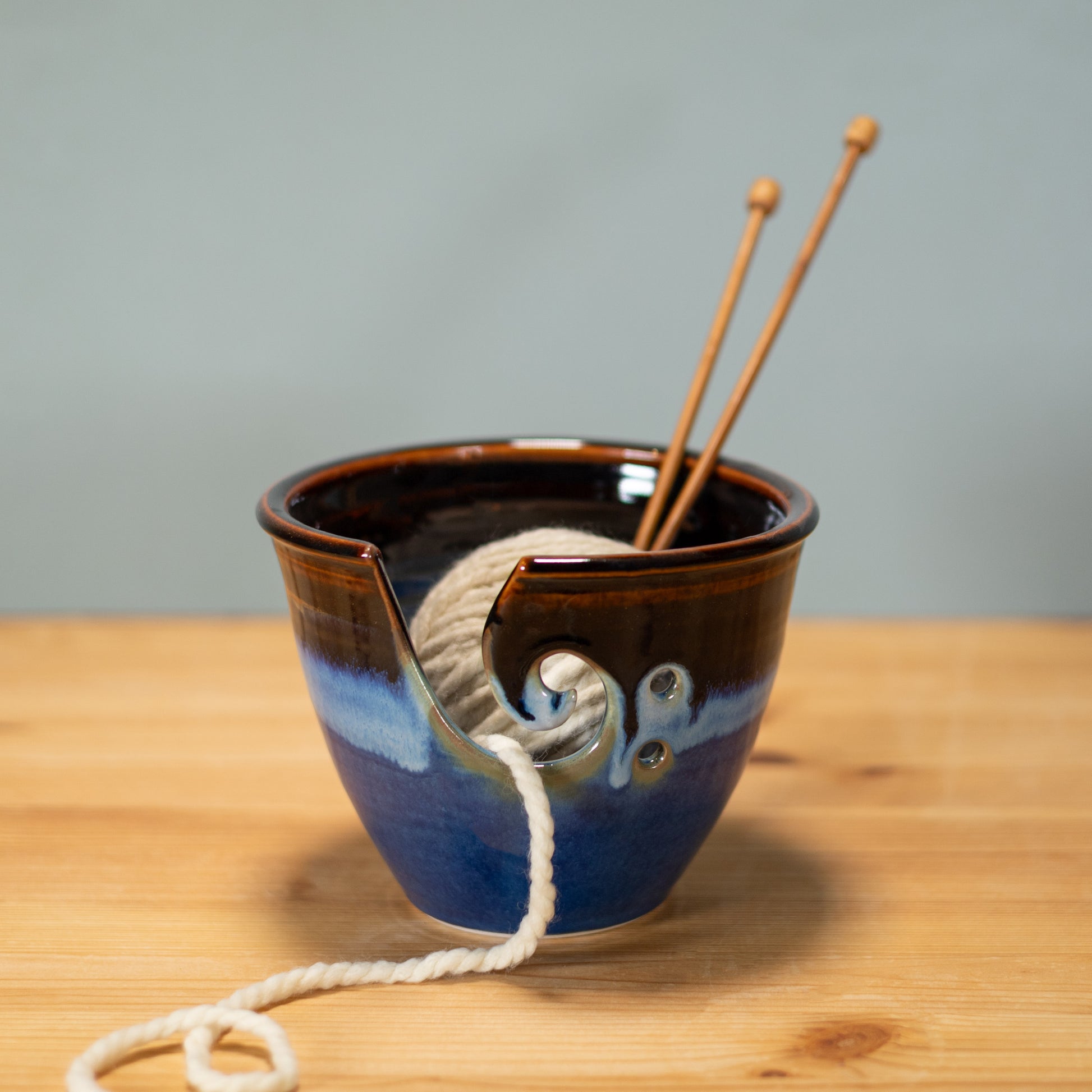 Handmade Pottery Yarn Bowl in Blue Hamada pattern made by Georgetown Pottery in Maine