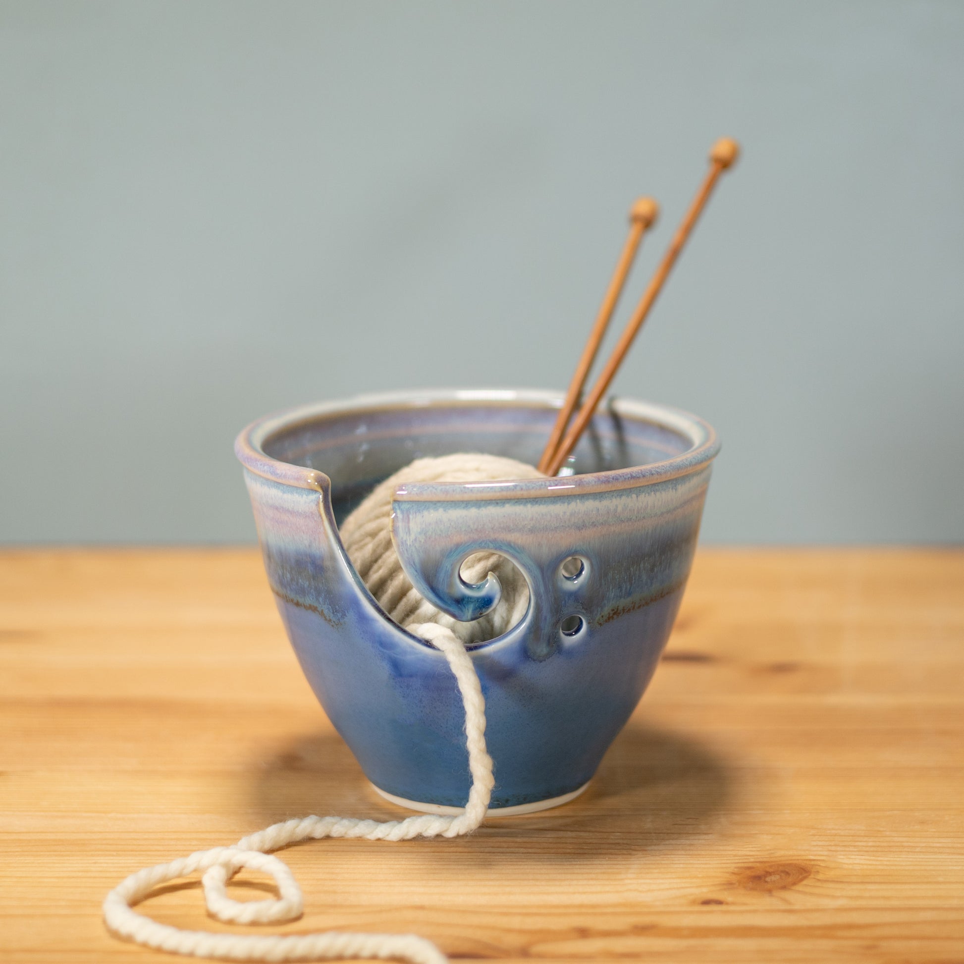 Handmade Pottery Yarn Bowl in Blue Oribe pattern made by Georgetown Pottery in Maine