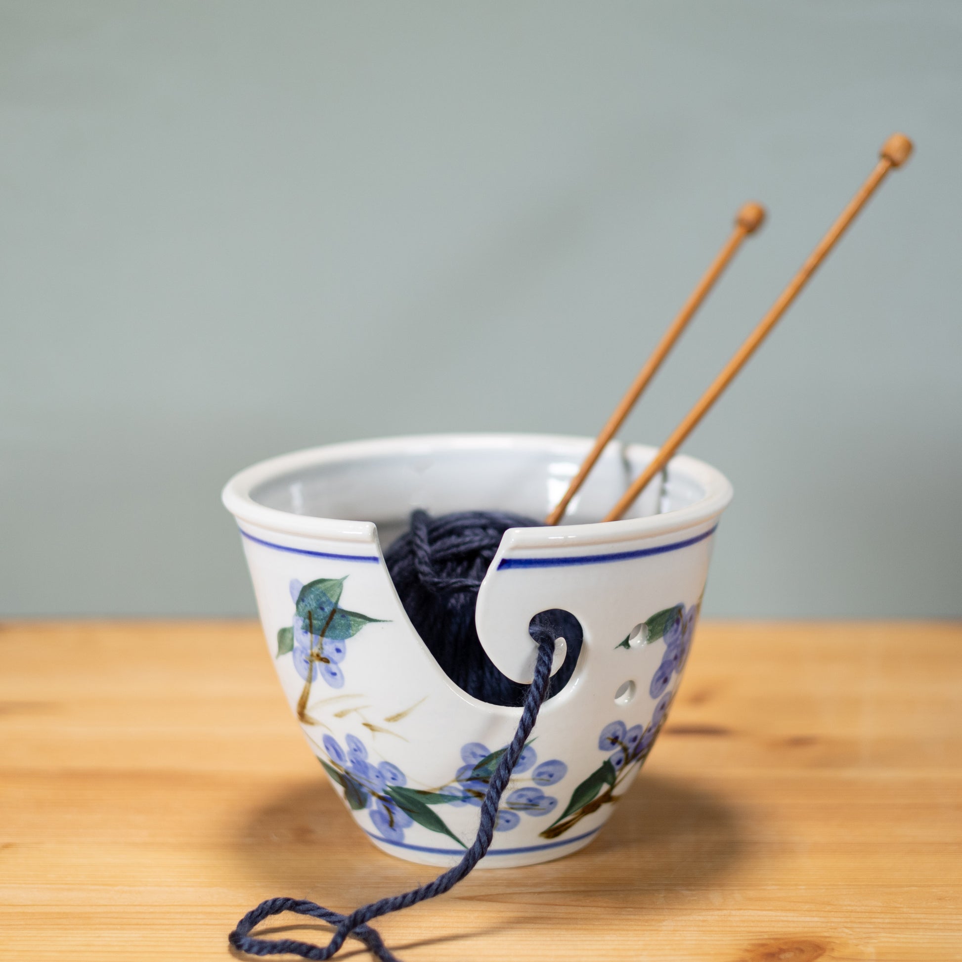 Handmade Pottery Yarn Bowl in Blueberry  pattern made by Georgetown Pottery in Maine
