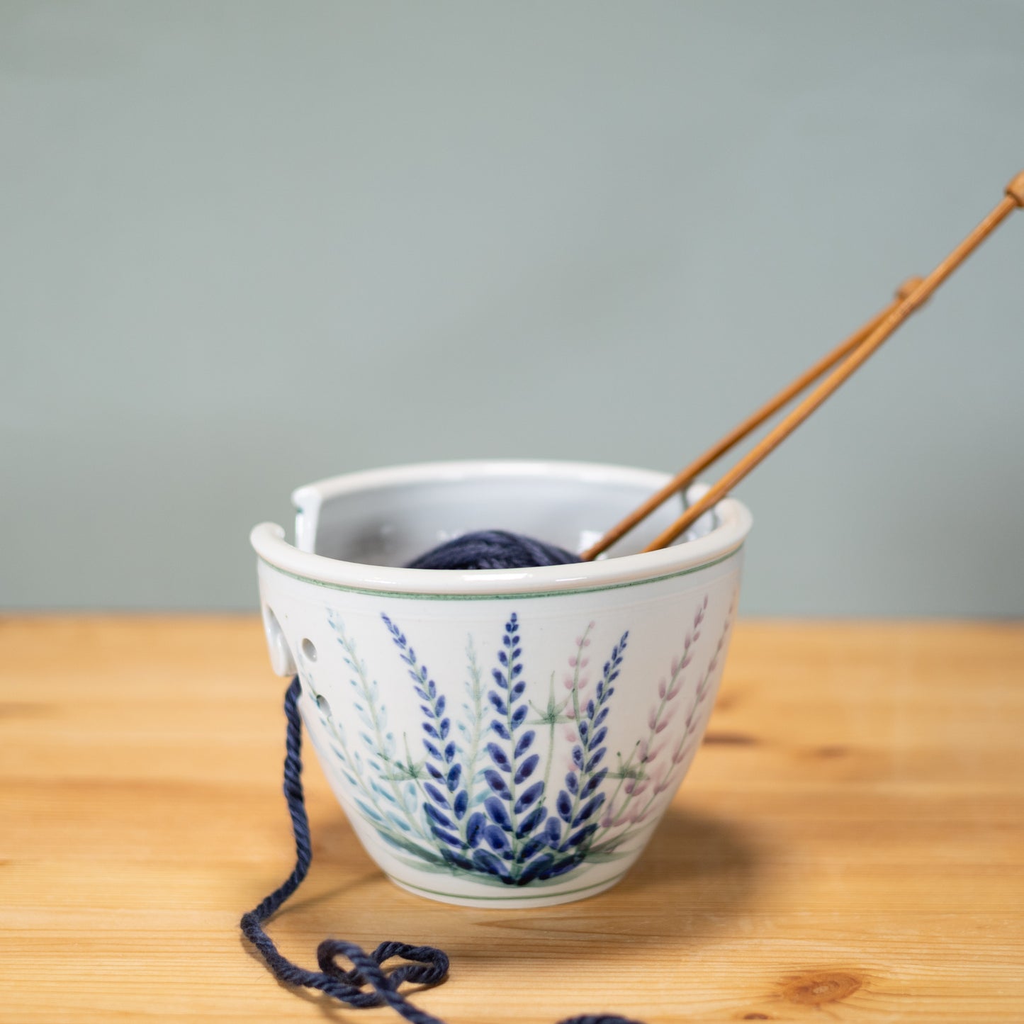 Handmade Pottery Yarn Bowl in Lupine pattern made by Georgetown Pottery in Maine