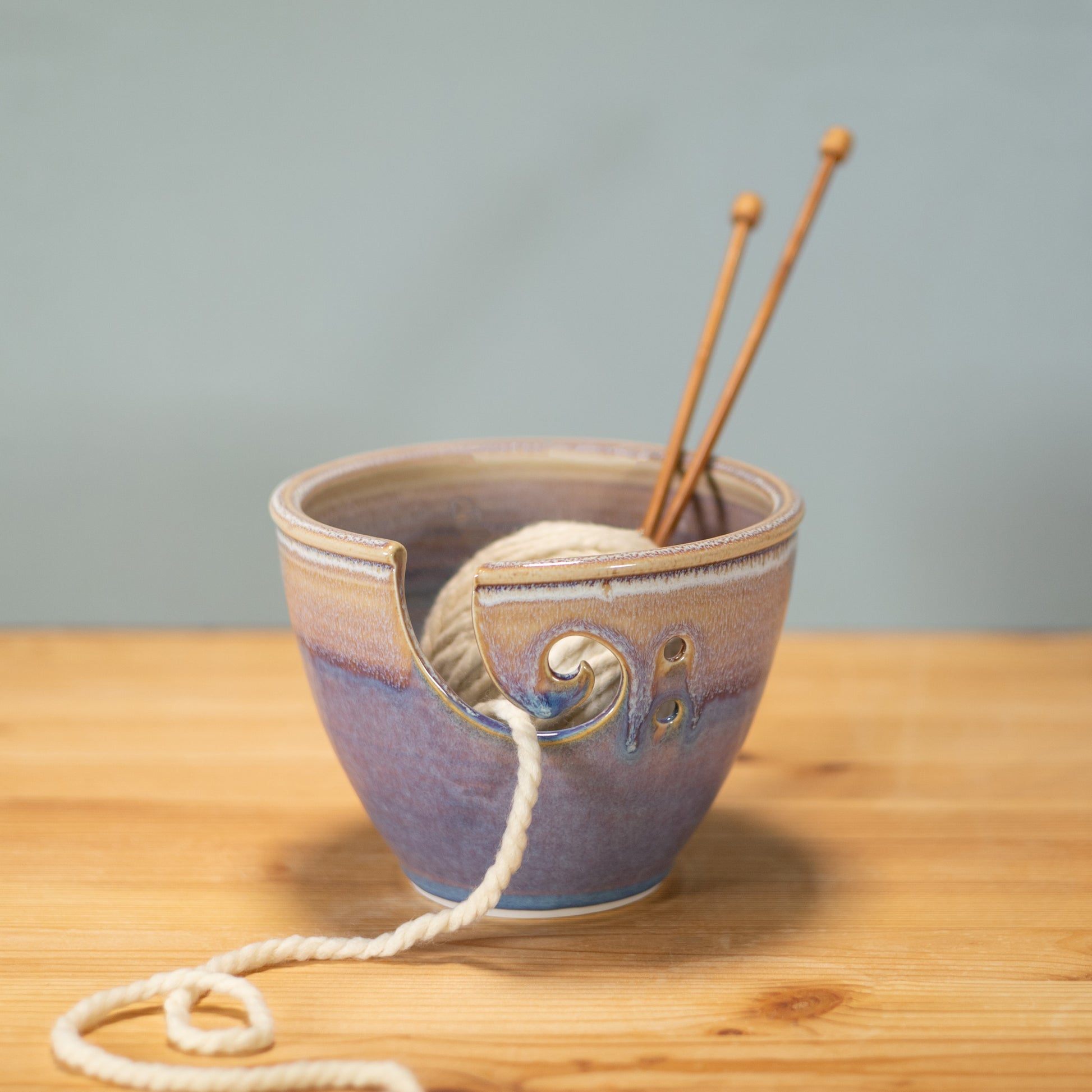 Handmade Pottery Yarn Bowl in Purple pattern made by Georgetown Pottery in Maine