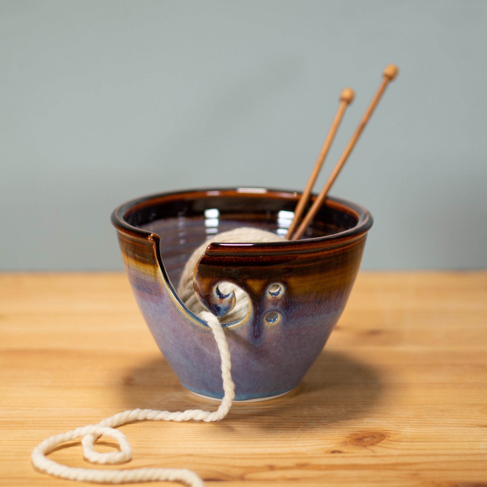 Handmade Pottery Yarn Bowl in Purple Hamada pattern made by Georgetown Pottery in Maine