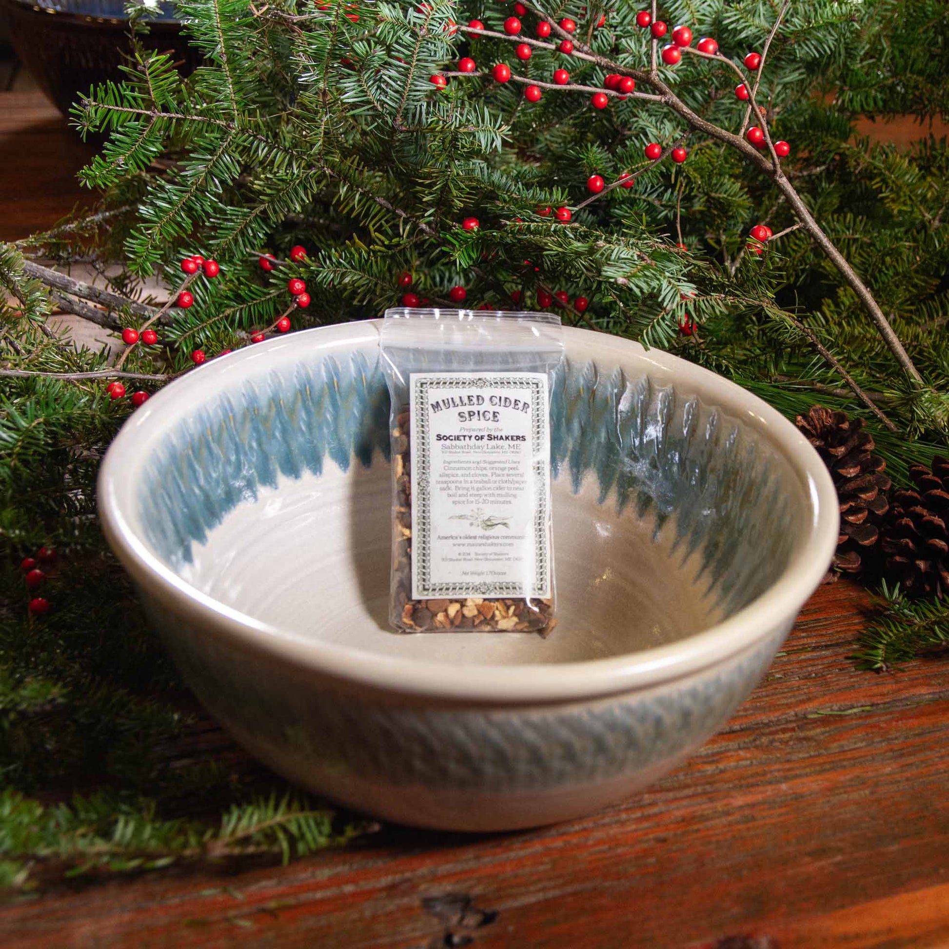 Pairing - Large Mixing Bowl w/ Maine Made Cider Mulling Mix - Our large mixing bowl is ALSO the perfect size for a punch bowl! in Chattered Ivory Blue