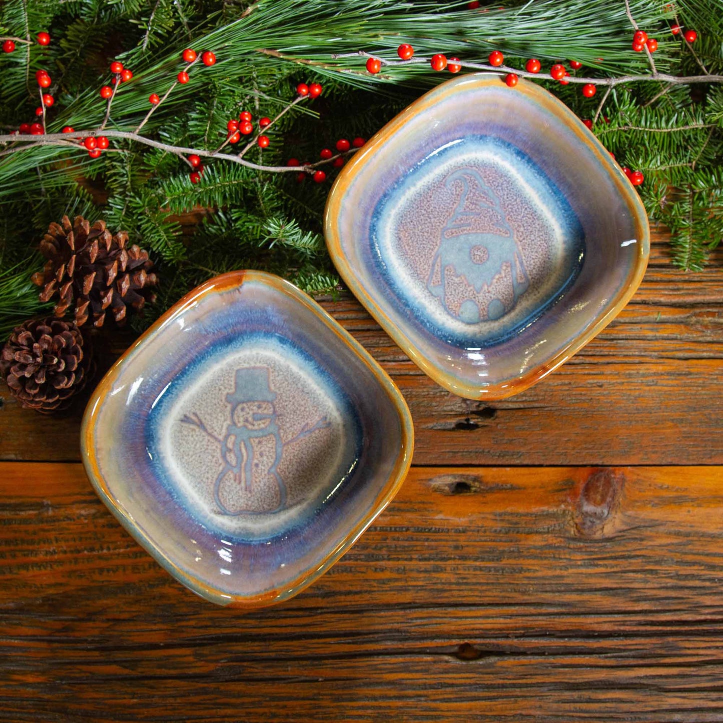 Set - 2 Appetizer Bowls in Purple Gnome & Purple Snowman