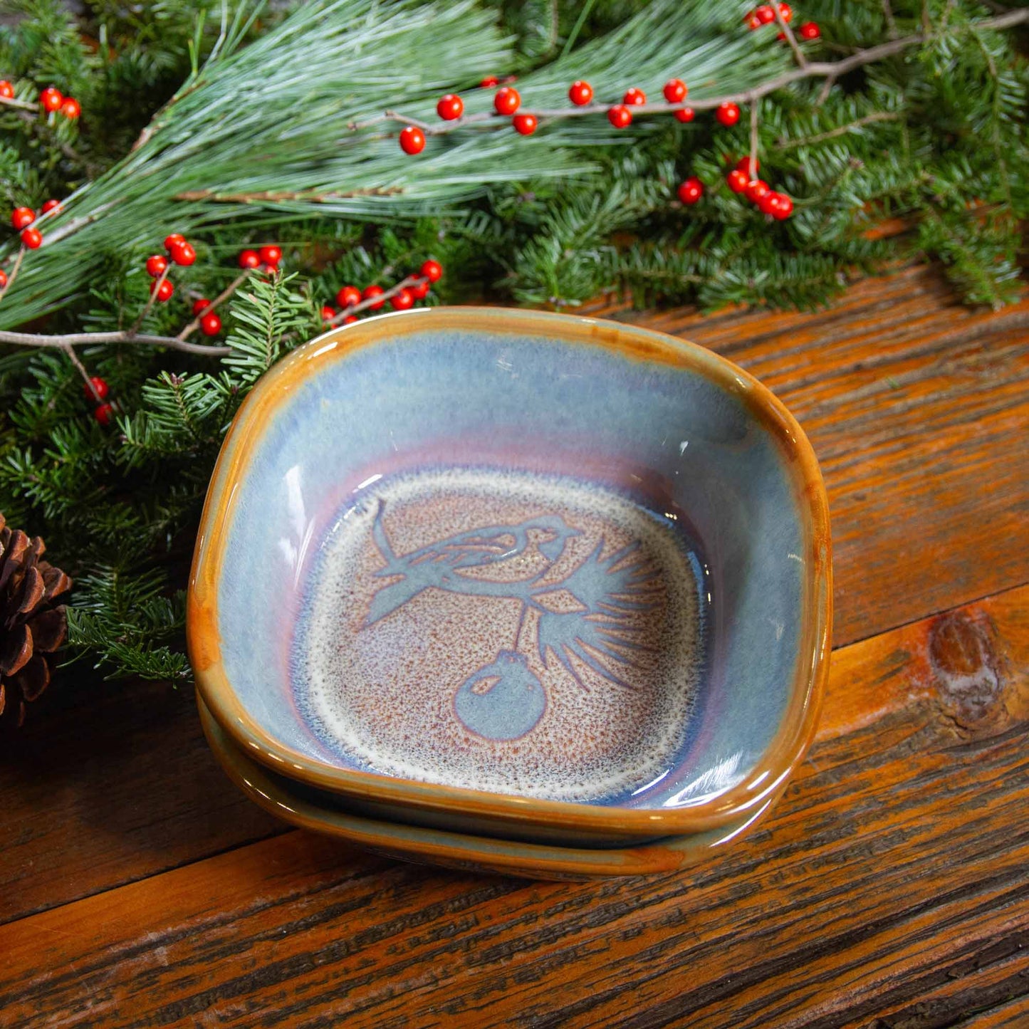 Set - 2 Appetizer Bowls in Purple Christmas Chickadee