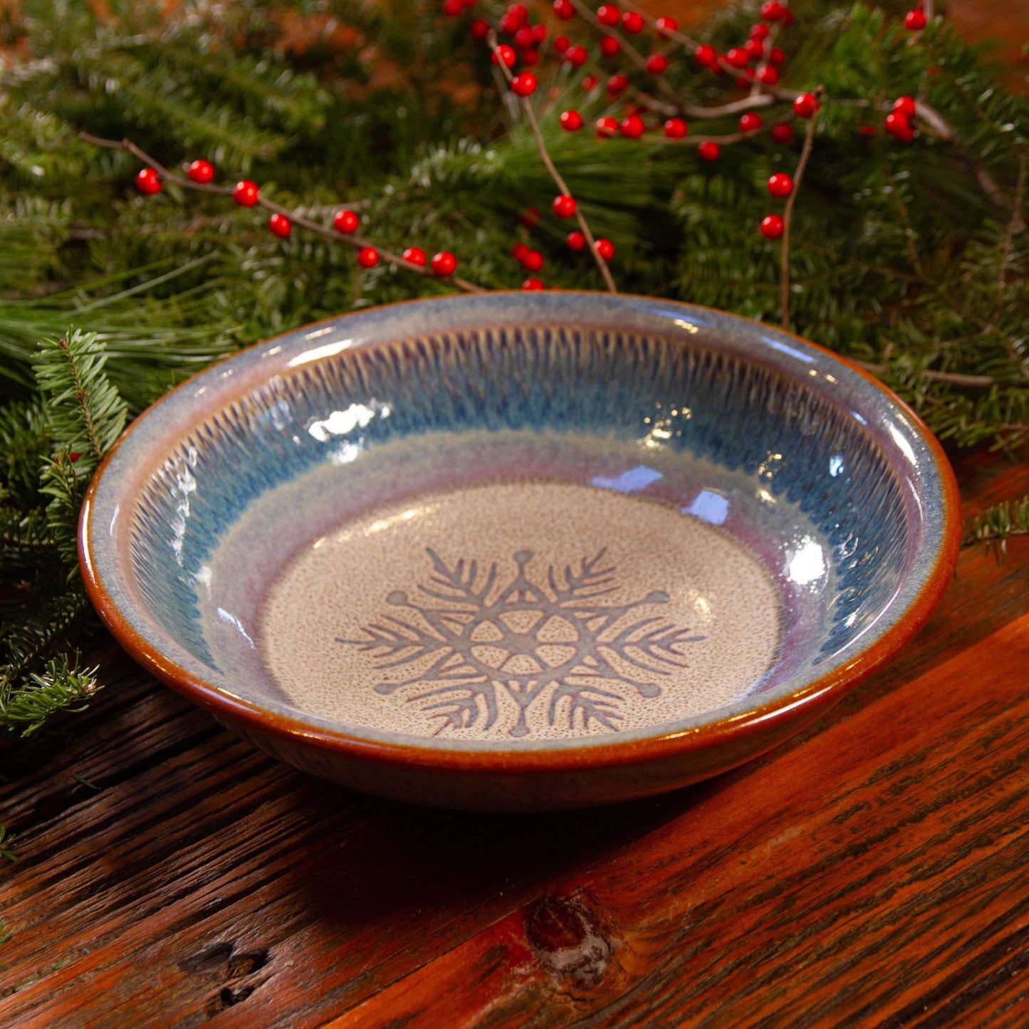 Small Serving Pasta Bowl in Chattered Purple Snowflake w/ Rust