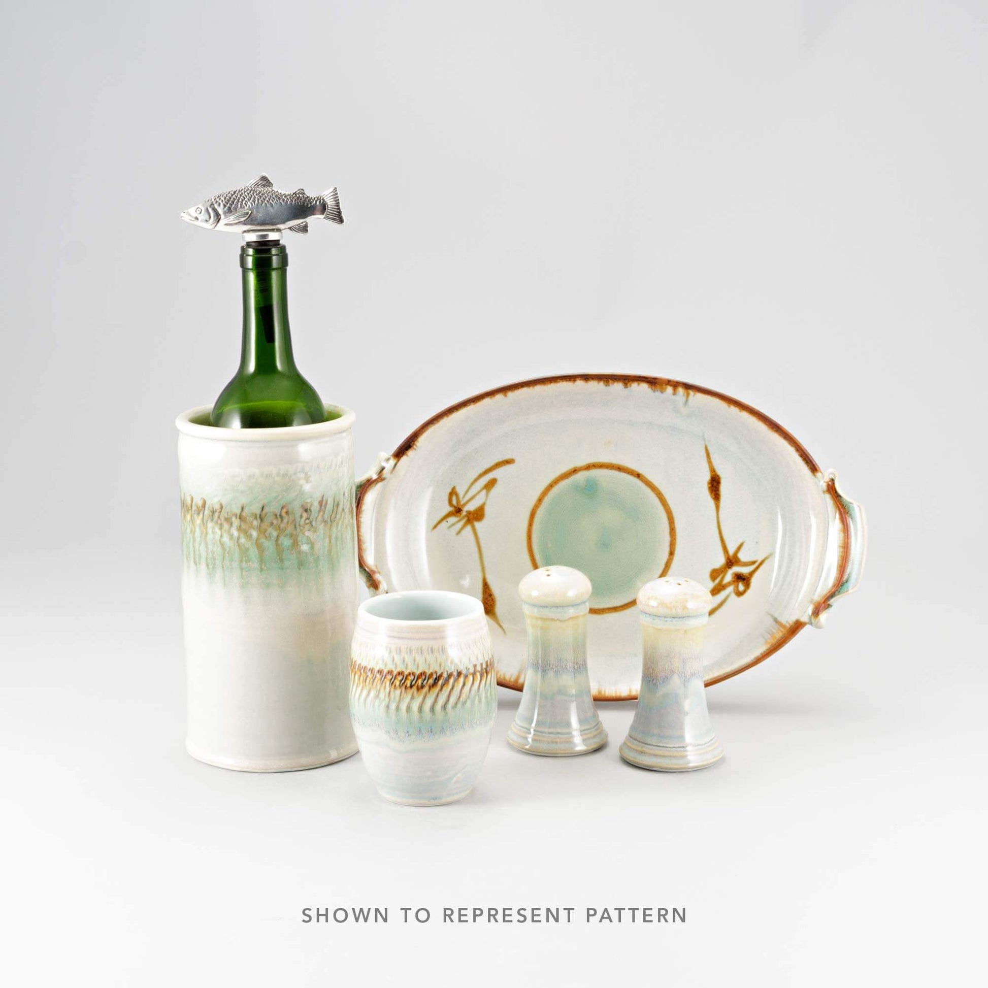Handmade Pottery Brie Baker in Ivory & Green pattern made by Georgetown Pottery in Maine
