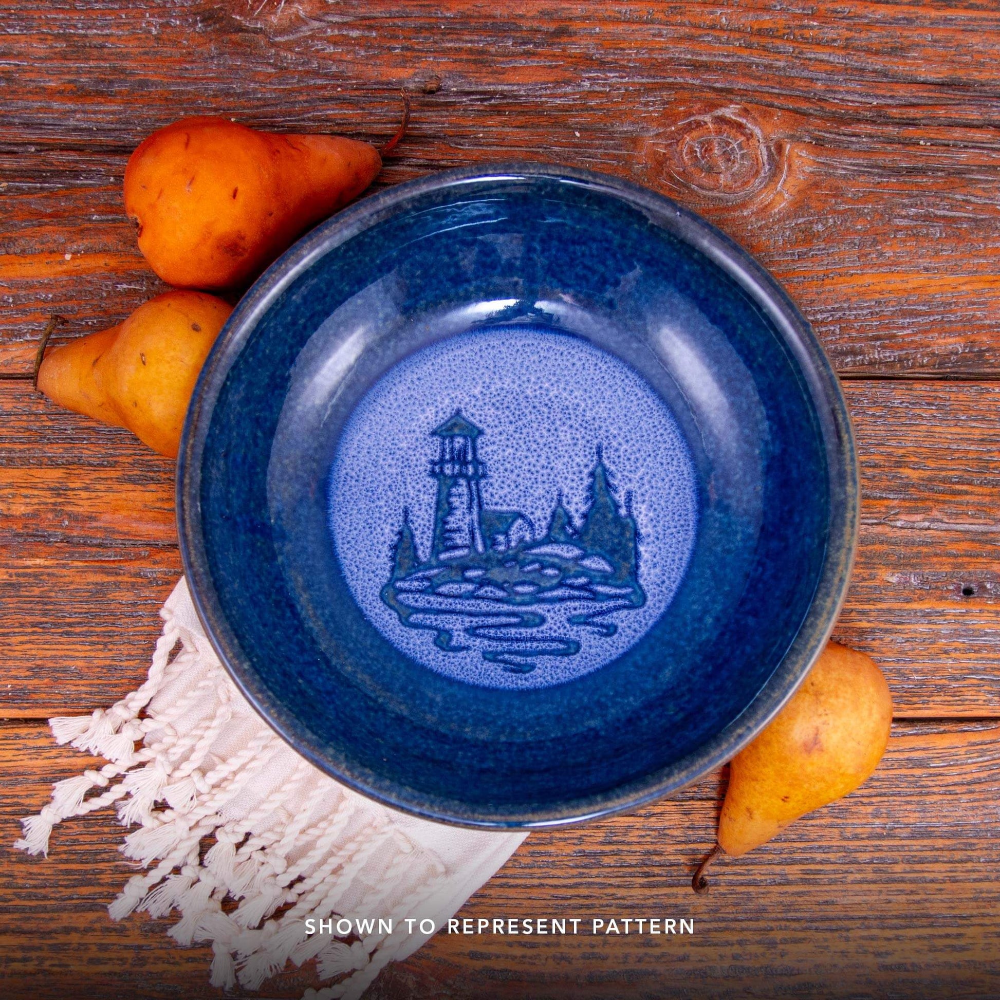 Handmade Pottery Harvest Bowl in Blue Lighthouse pattern made by Georgetown Pottery in Maine