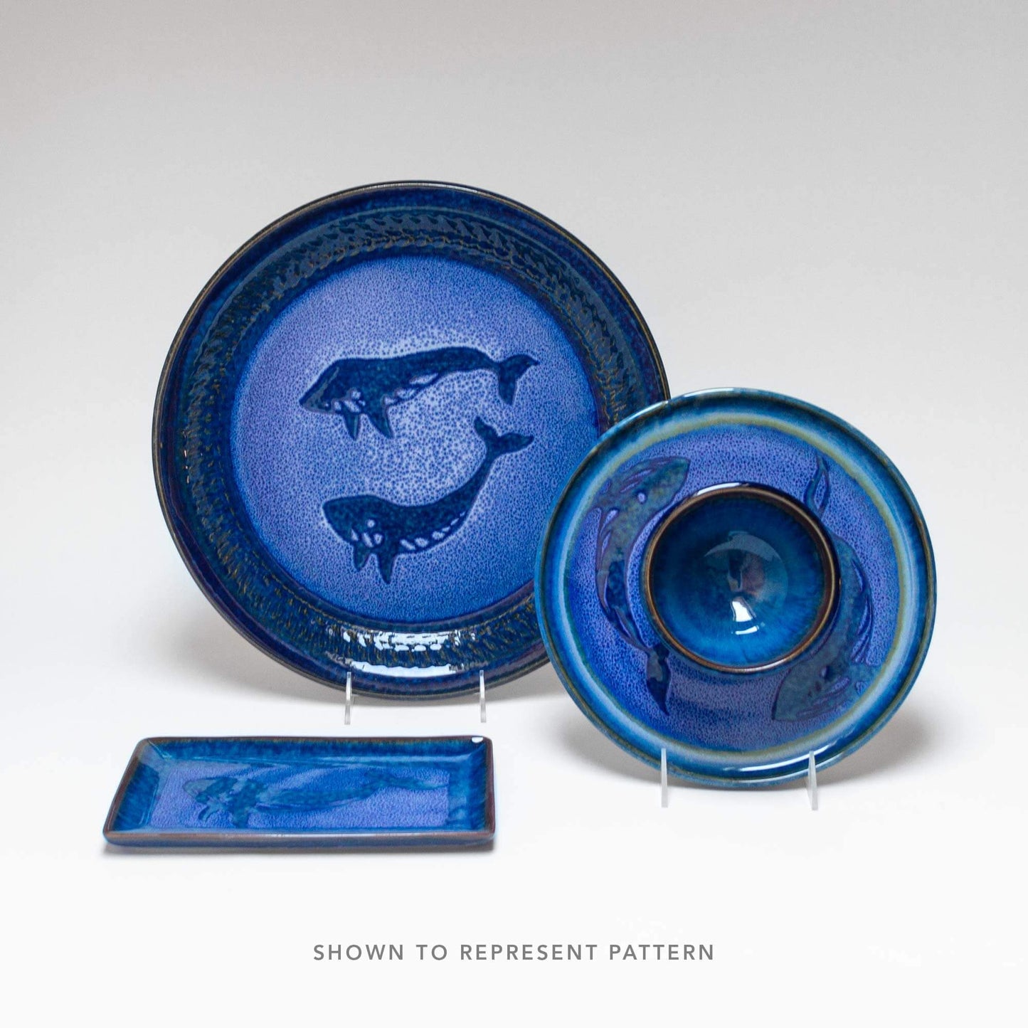 Handmade Pottery Small Chip & Dip in Blue Whale pattern made by Georgetown Pottery in Maine