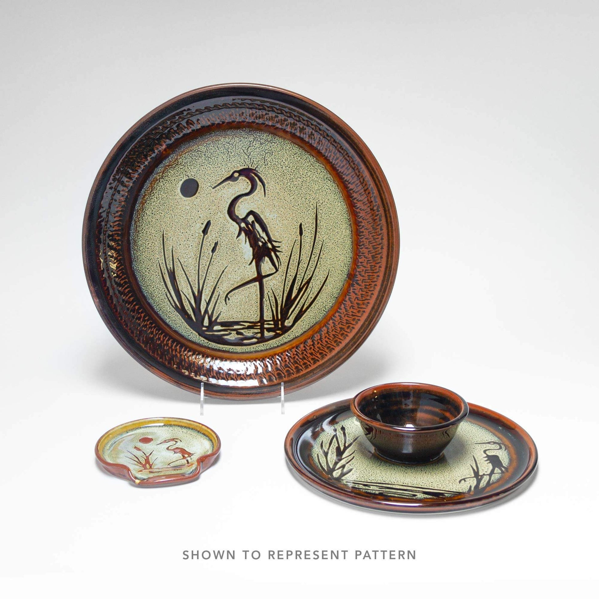 Handmade Pottery Small Clock w/ Stand in Hamada Heron pattern made by Georgetown Pottery in Maine