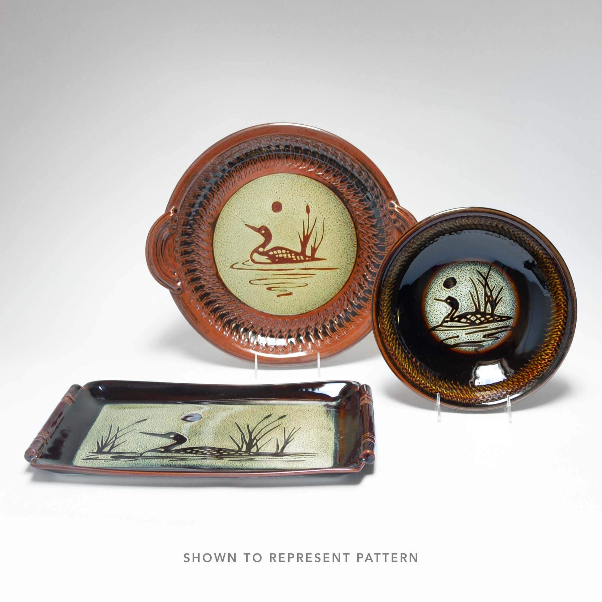 Handmade Pottery Small Clock w/ Stand in Hamada Loon pattern made by Georgetown Pottery in Maine