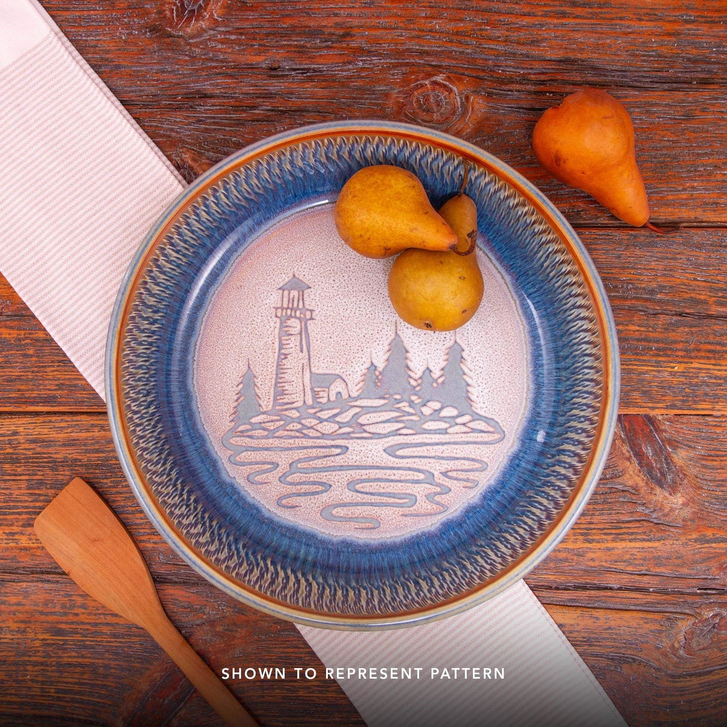 Handmade Pottery Pie Plate in Purple Lighthouse pattern made by Georgetown Pottery in Maine